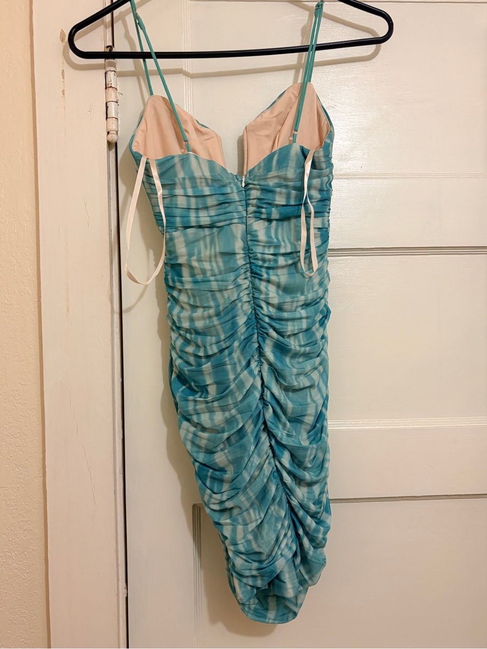 Saints + Secrets Blue Tie Dye Ruched Mesh Midi Dress NWT